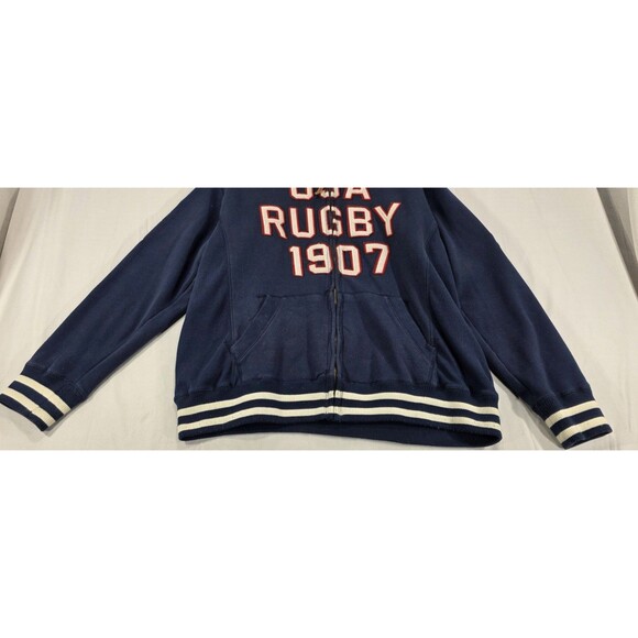 Vintage 90s Rugby USA Track Jacket Hoodie Letterman Varsity Patches Blue Men 3XL - Picture 8 of 16
